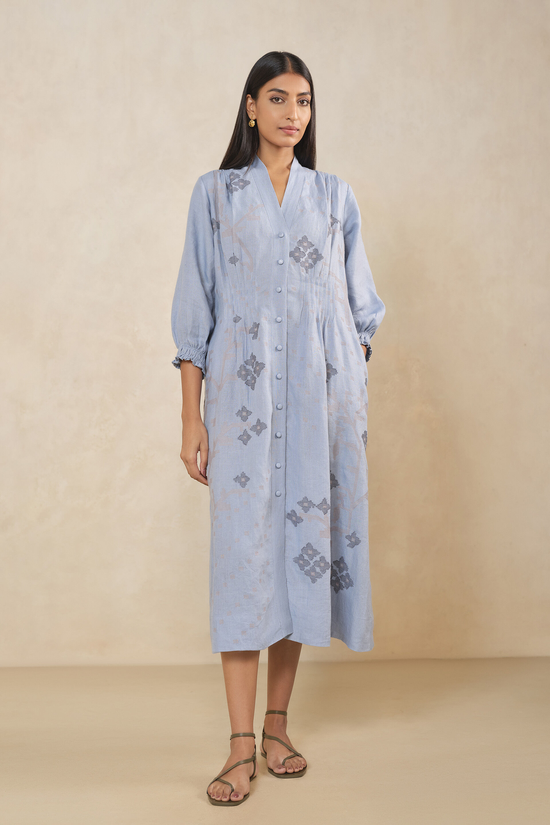 Haiku Embroidered Hemp Dress - Blue